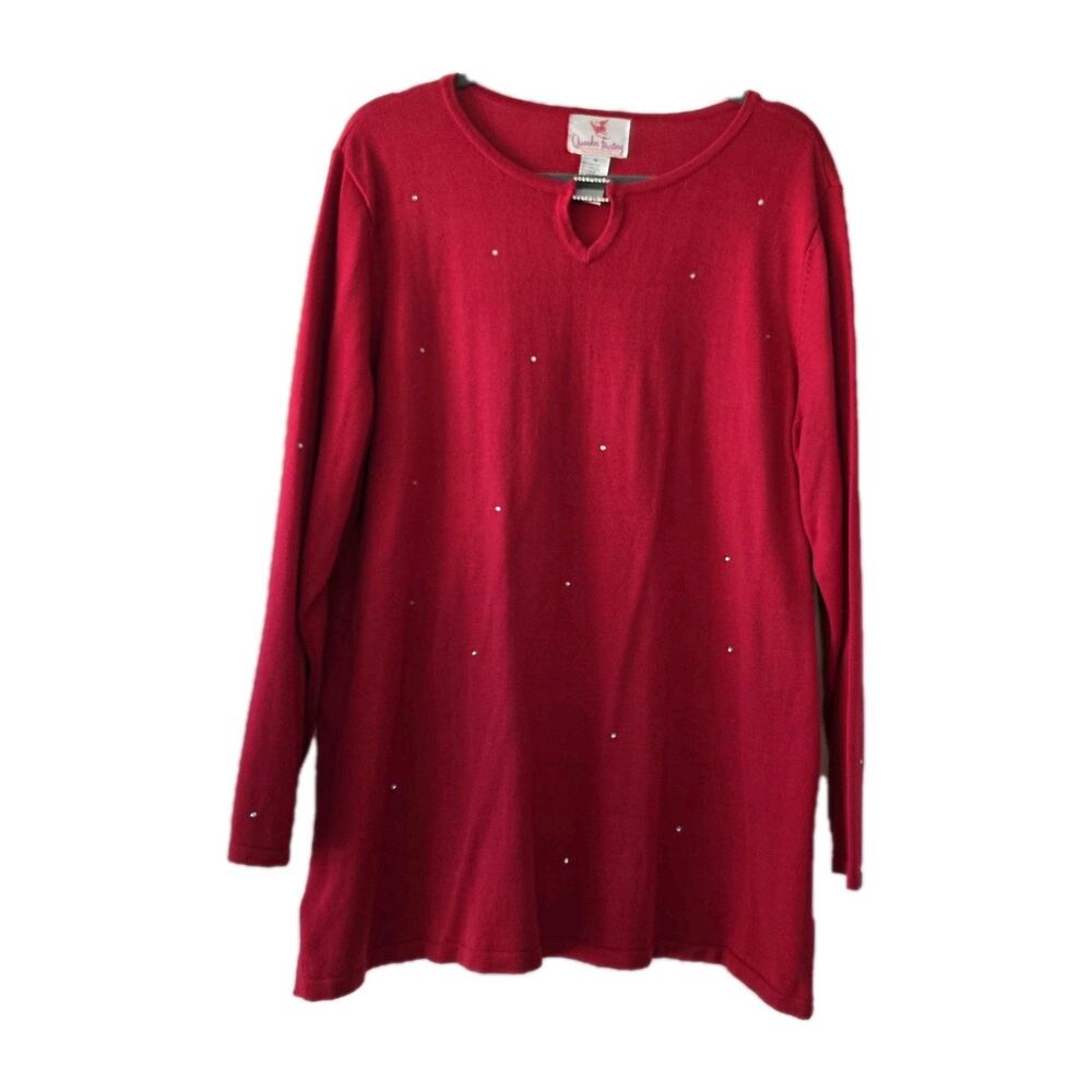 Quacker Factory Red Valentines Sweater 1X Cotton Knit Pullover Rhinestone Detail